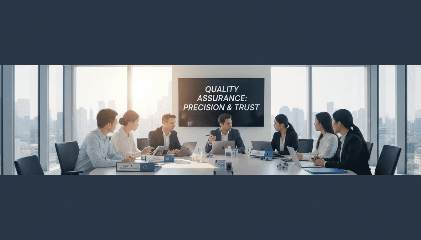 Diverse team in a modern office discussing quality assurance for medical devices.