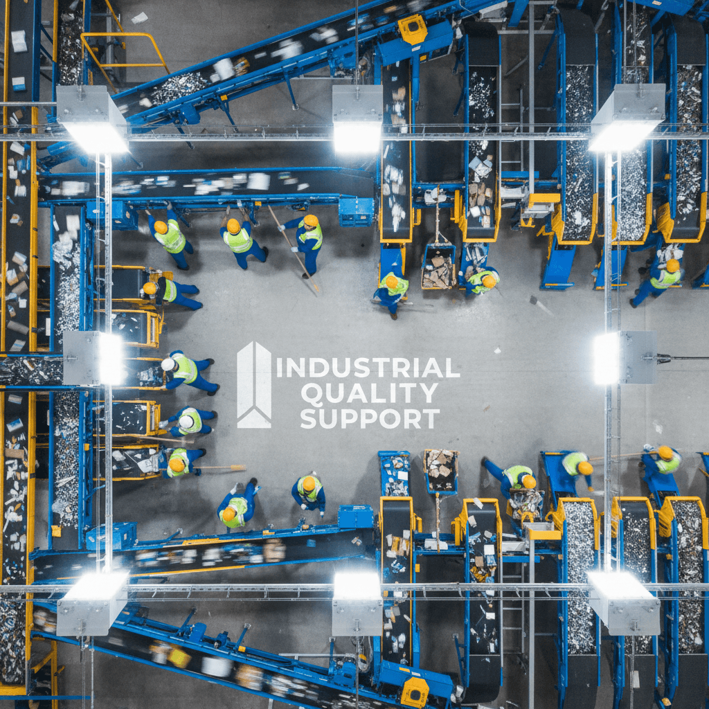Overhead view of recycling facility with workers sorting materials on conveyor belts and stations