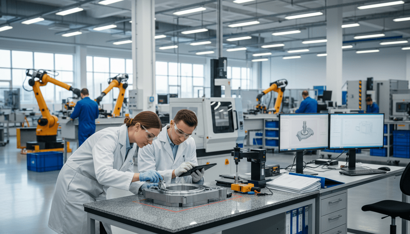 Quality control specialist inspecting industrial components with precision measuring instruments in a modern facility