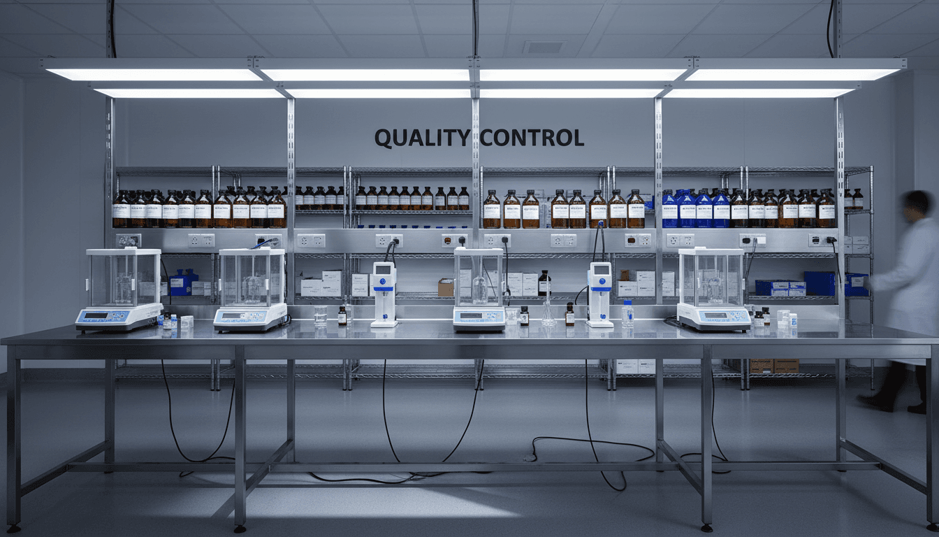 Quality control specialist inspecting industrial components in a modern laboratory setting