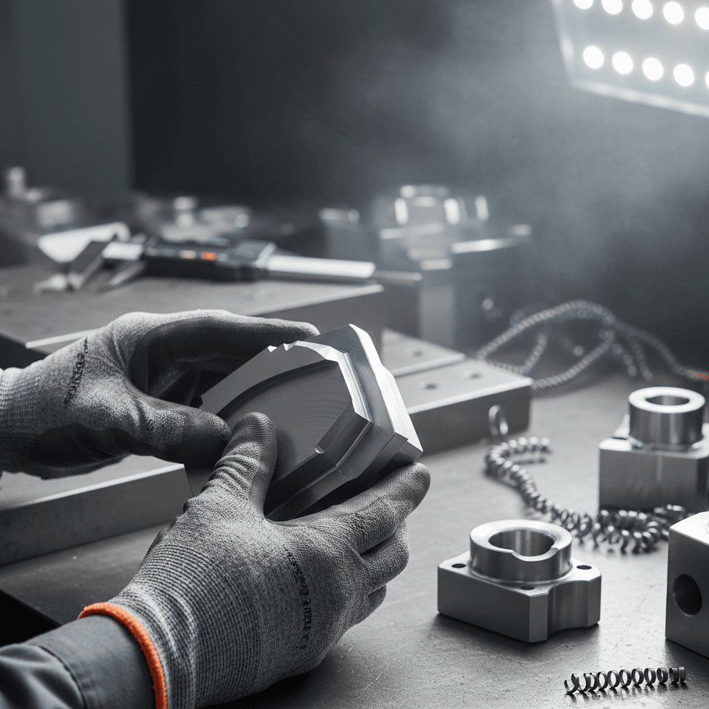 Medical device components undergoing detailed quality inspection with professional tools