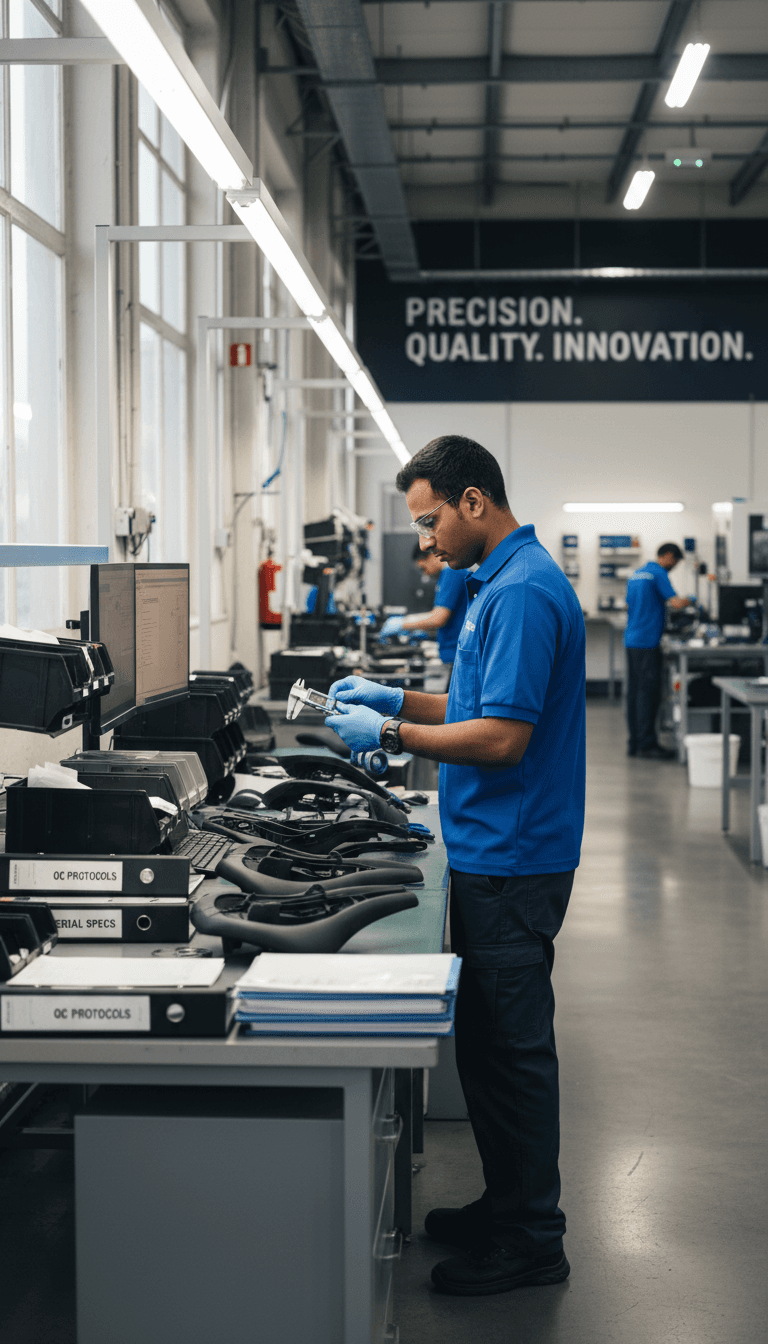 Quality control technician using precision measurement tools to inspect plastic bicycle seat components at manufacturing workstation