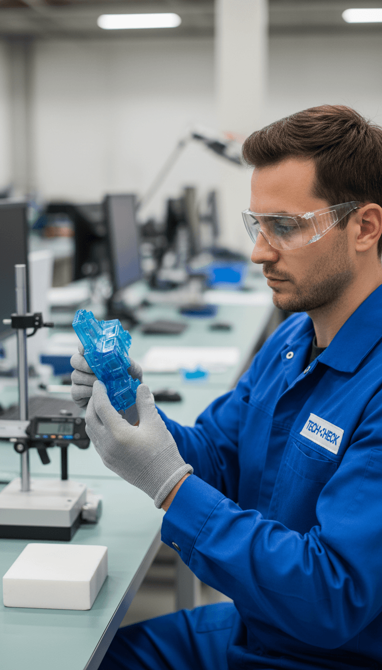 Quality control specialist examining industrial parts with professional precision tools