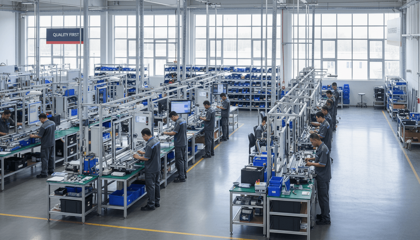 Diverse team of technicians assembling hardware components at organized workstations in bright, modern manufacturing facility with industrial equipment
