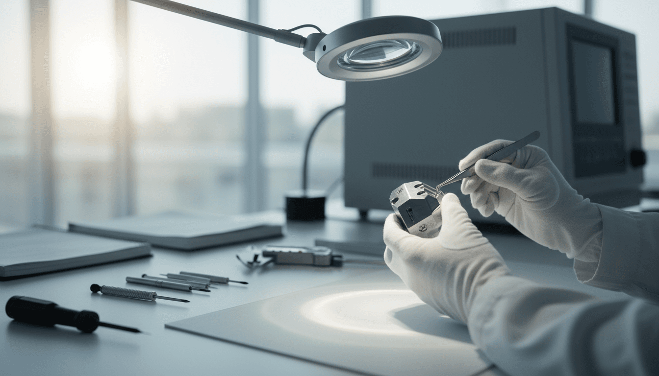Quality engineer performing detailed inspection of industrial components