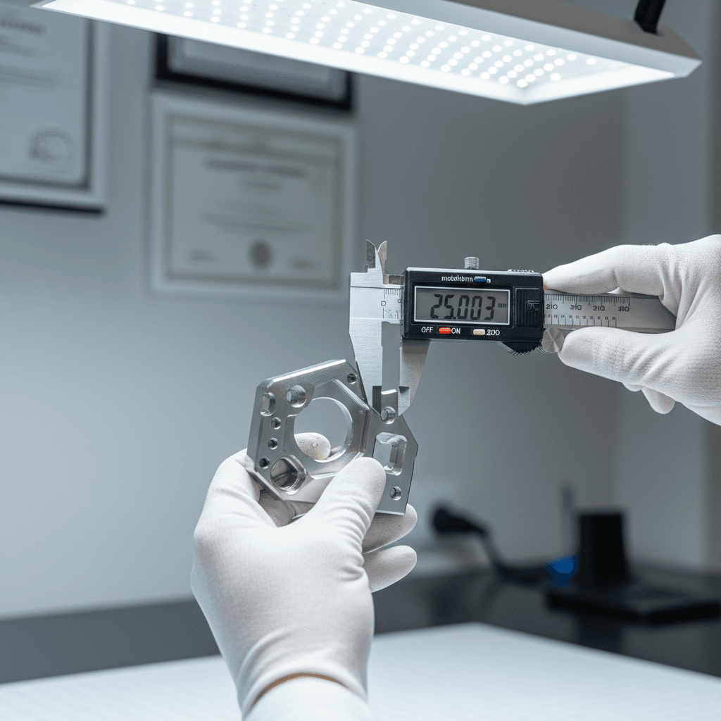 Quality control specialist performing precision inspection on industrial components with measurement equipment