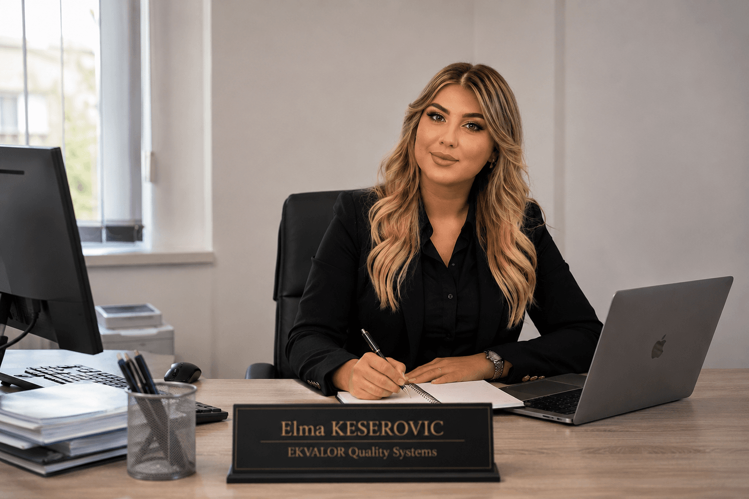 Elma Keserovic in a black blazer writing at a desk with a laptop and nameplate.